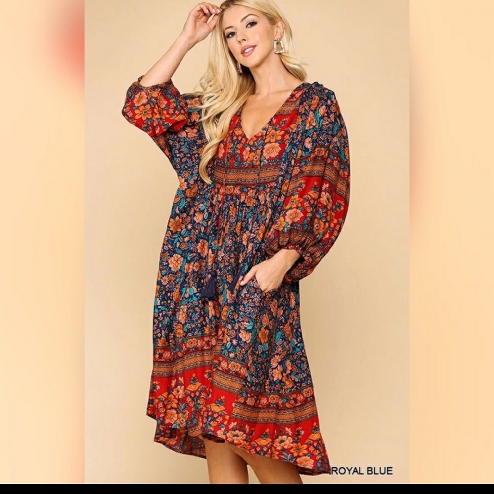 Fall boho floral puffed sleeve swing dress
